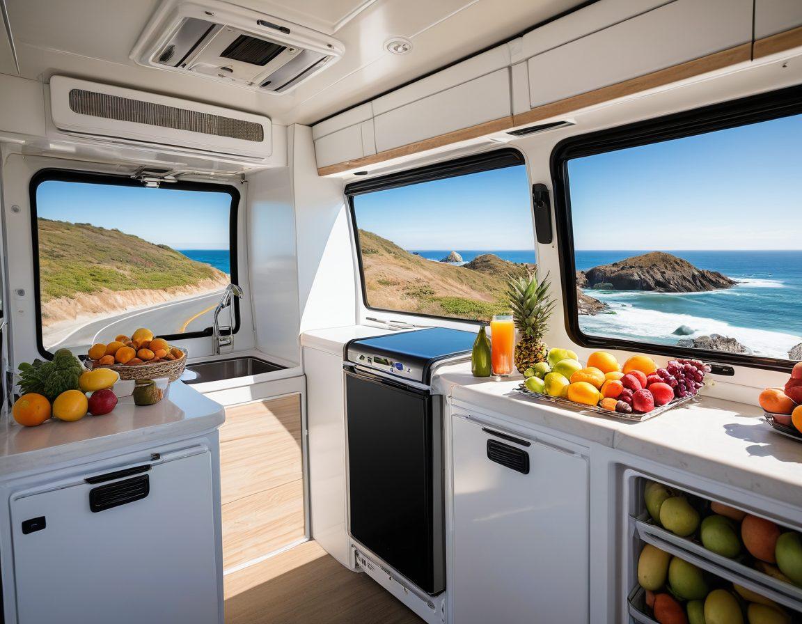 A modern RV traveling down a scenic coastal highway, with a clear blue sky and ocean in the background. Inside the RV, a well-organized Norcold travel fridge stocked with fresh fruits, vegetables, and beverages. The setting communicates a blend of adventure and relaxation, emphasizing the convenience and efficiency of the travel fridge. super-realistic. vibrant colors.