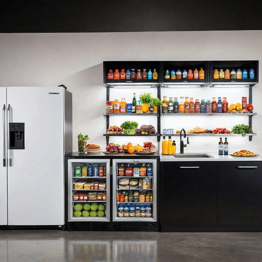 A variety of Norcold refrigeration units ranging from small portable coolers to larger compact fridges, displayed on a modern kitchen countertop with a cozy background. Each unit is open to showcase fresh food and beverages inside, illustrating reliability and spaciousness. Include a sleek Norcold logo in the corner. super-realistic. vibrant colors. white background.