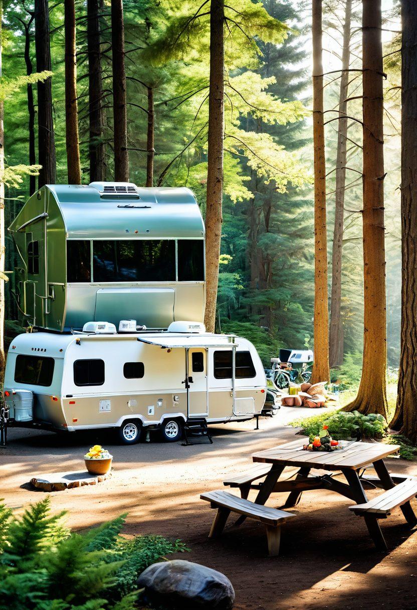 A sleek and modern RV parked in a picturesque forest campsite with its door open, revealing a well-organized and glowing Norcold refrigerator stocked with fresh food and drinks. Include happy campers enjoying the outdoors and the convenience of the refrigeration solutions. vibrant colors. super-realistic.